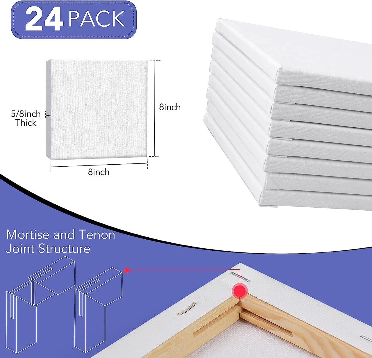 Stretched Canvases for Painting, 8X8, Pack of 24, Primed Acid-Free, 5/8  Inch Thick Wood Frame Blank Canvas, Art Canvases for Beginners, Artists for